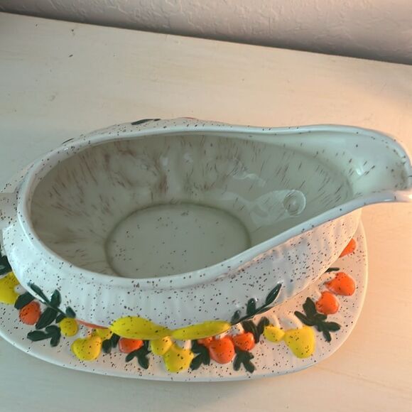 Arnels Mushrooms Antique 2pc Gravy Boat Raised Design Handpainted Made in USA - Picture 6 of 14